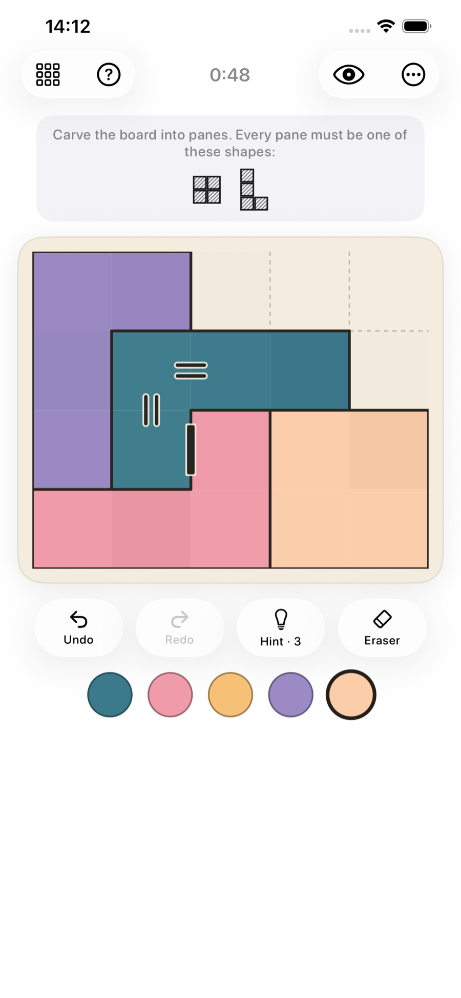 Mid-solve board: colored panes carved onto the grid